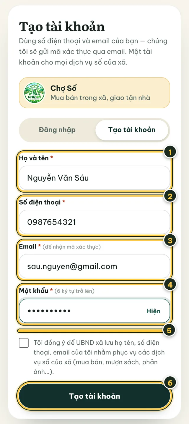 Màn hình Tạo tài khoản với 6 vị trí đánh số: họ tên, số điện thoại, email, mật khẩu, ô xác minh Cloudflare và nút Tạo tài khoản