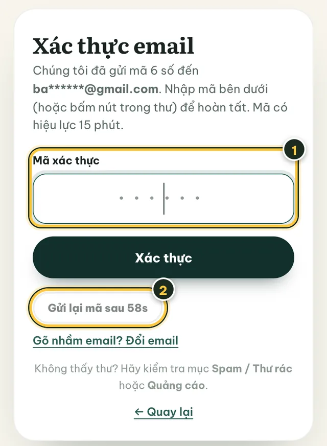Màn hình Xác thực email có ô nhập mã 6 số và nút Gửi lại mã