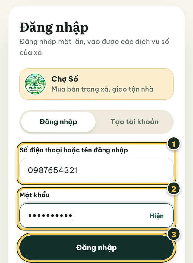 Màn hình Đăng nhập với ô số điện thoại, ô mật khẩu và nút Đăng nhập