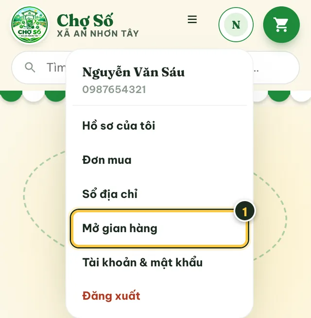 Menu tài khoản trên Chợ Số, mục Mở gian hàng được đánh số 1