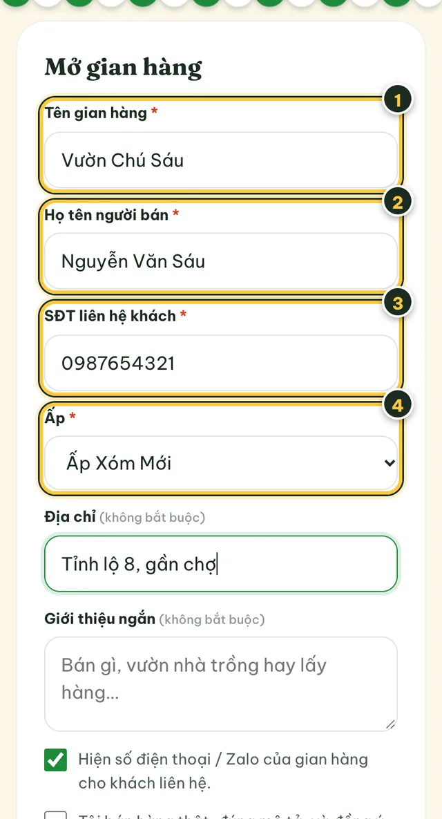 Form Mở gian hàng phần đầu: tên gian hàng, họ tên người bán, số điện thoại, ấp