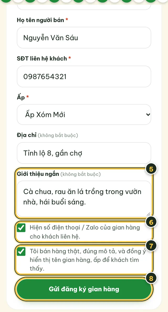 Form Mở gian hàng phần cuối: giới thiệu, hiện số điện thoại, ô cam kết và nút Gửi đăng ký gian hàng