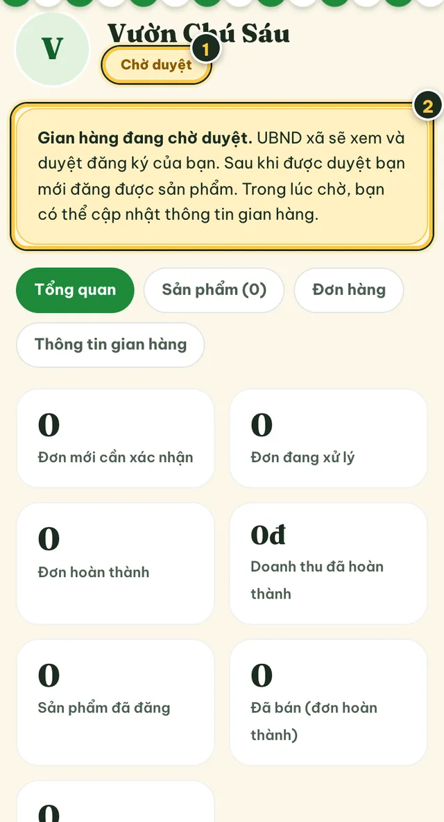 Trang Bán hàng khi gian hàng đang Chờ duyệt, có thông báo màu vàng