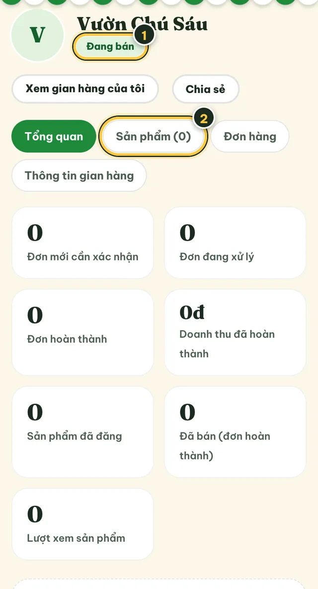 Trang Bán hàng khi gian hàng đã Đang bán, có các tab Tổng quan, Sản phẩm, Đơn hàng, Thông tin gian hàng