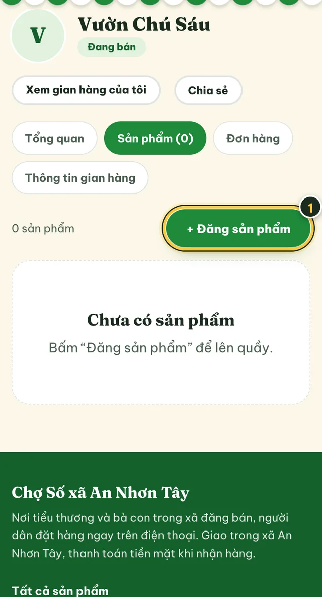 Tab Sản phẩm còn trống, nút Đăng sản phẩm được đánh số 1