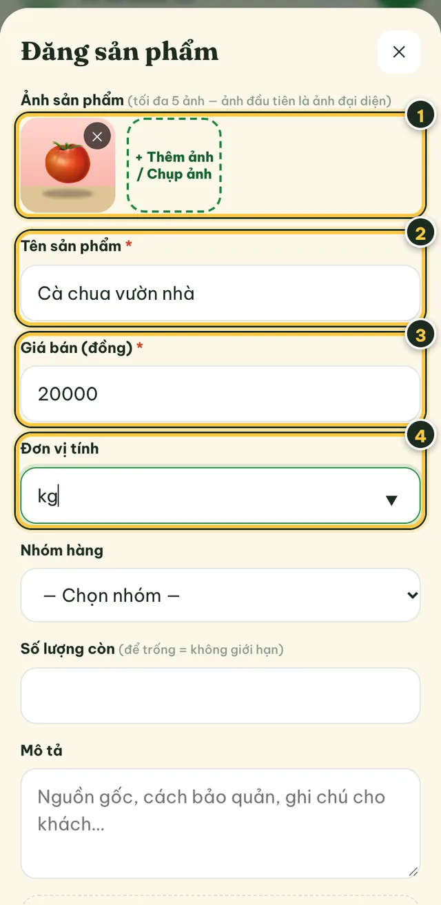 Bảng Đăng sản phẩm phần đầu: ảnh, tên sản phẩm, giá bán, đơn vị tính
