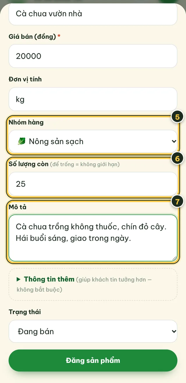 Bảng Đăng sản phẩm phần giữa: nhóm hàng, số lượng còn, mô tả