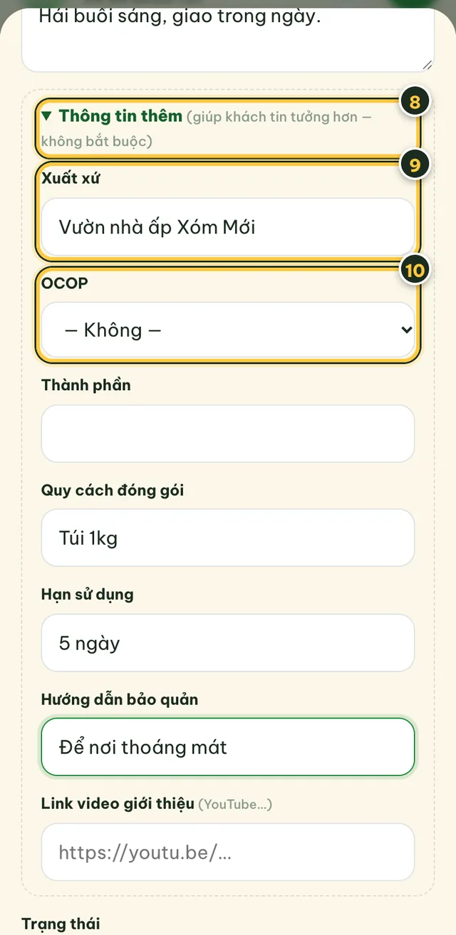 Phần Thông tin thêm: xuất xứ, OCOP, thành phần, quy cách, hạn sử dụng, bảo quản