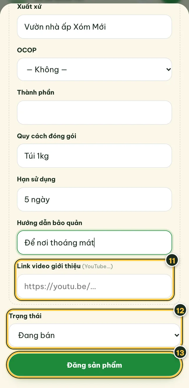 Cuối bảng Đăng sản phẩm: link video, trạng thái và nút Đăng sản phẩm