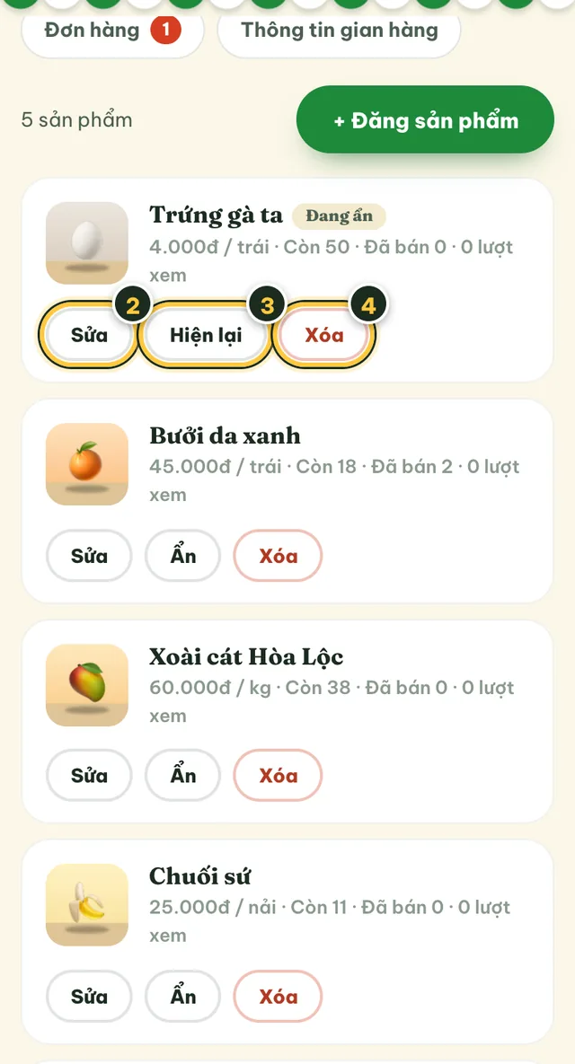 Danh sách sản phẩm với các nút Sửa, Hiện lại, Xóa; một sản phẩm có nhãn Đang ẩn