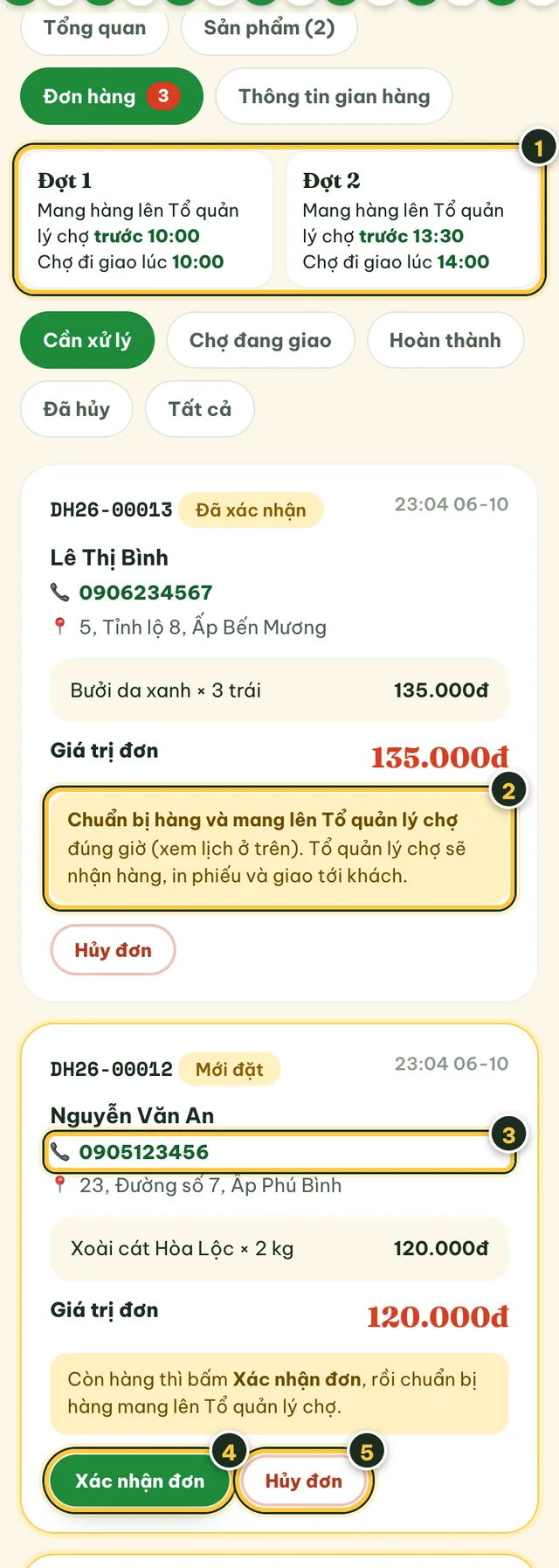 Tab Đơn hàng: lịch mang hàng lên Tổ quản lý chợ, đơn Đã xác nhận có ghi chú chuẩn bị hàng, đơn Mới đặt có nút Xác nhận đơn và Hủy đơn