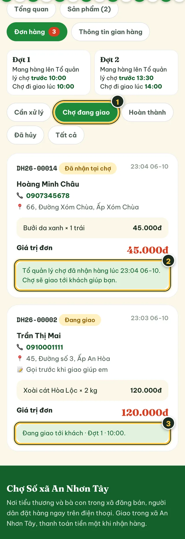 Thẻ Chợ đang giao: đơn Đã nhận tại chợ và đơn Đang giao đợt 1, mỗi đơn có ghi chú màu xanh
