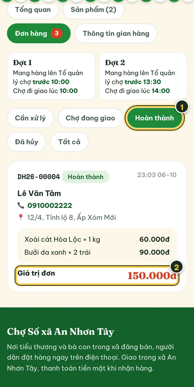 Thẻ Hoàn thành: đơn đã giao xong với giá trị đơn