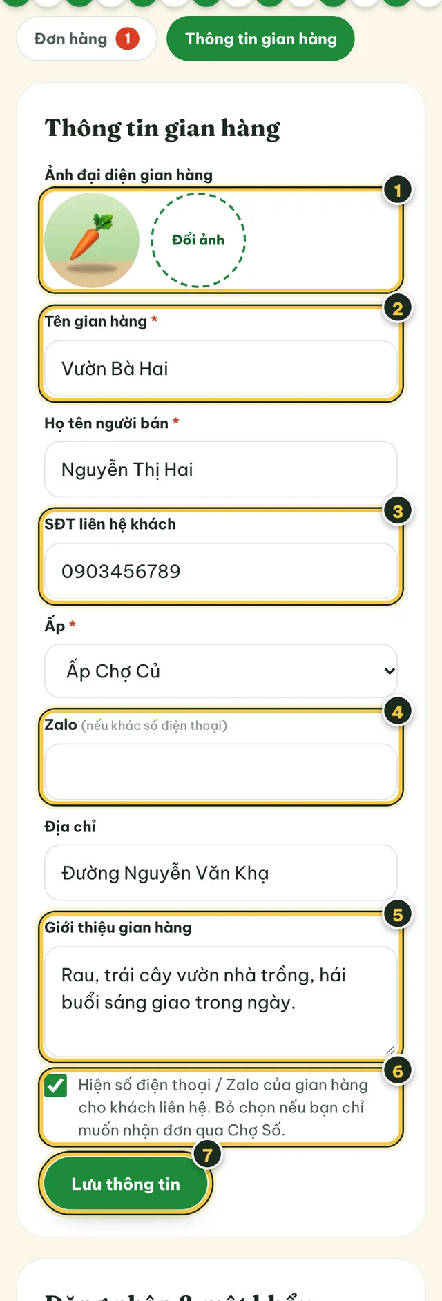 Tab Thông tin gian hàng: ảnh đại diện, tên, số điện thoại, Zalo, giới thiệu, hiện số liên hệ, nút Lưu thông tin