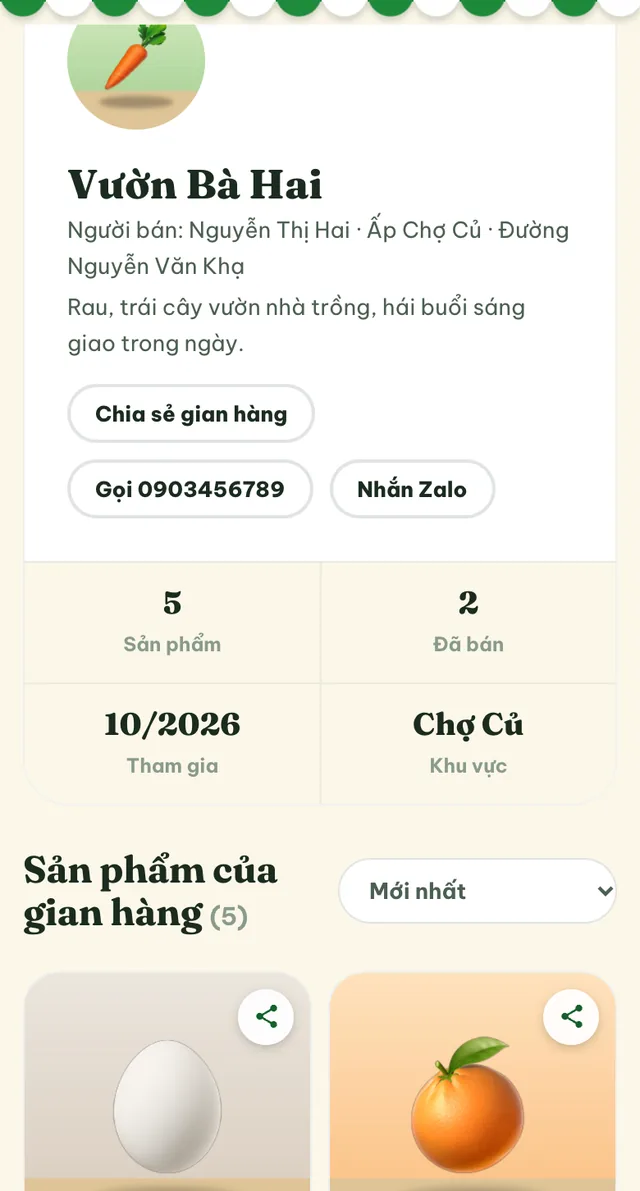 Trang gian hàng nhìn từ phía khách: tên, giới thiệu, nút gọi và nhắn Zalo, số sản phẩm