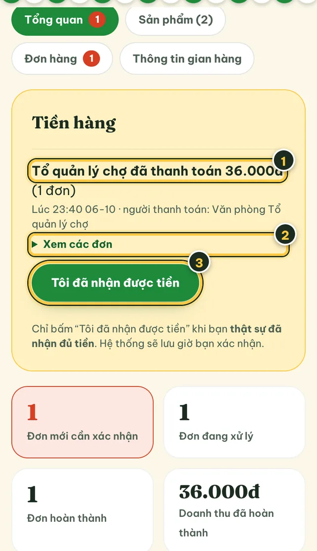 Thẻ Tiền hàng ở tab Tổng quan: chợ đã thanh toán, nút Tôi đã nhận được tiền