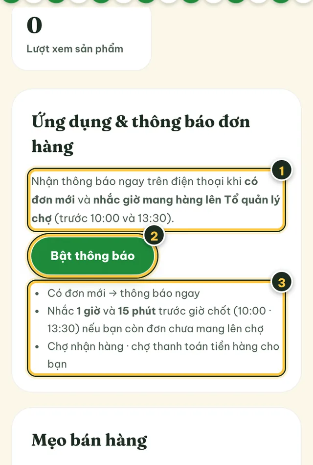 Thẻ Ứng dụng và thông báo đơn hàng với nút Bật thông báo